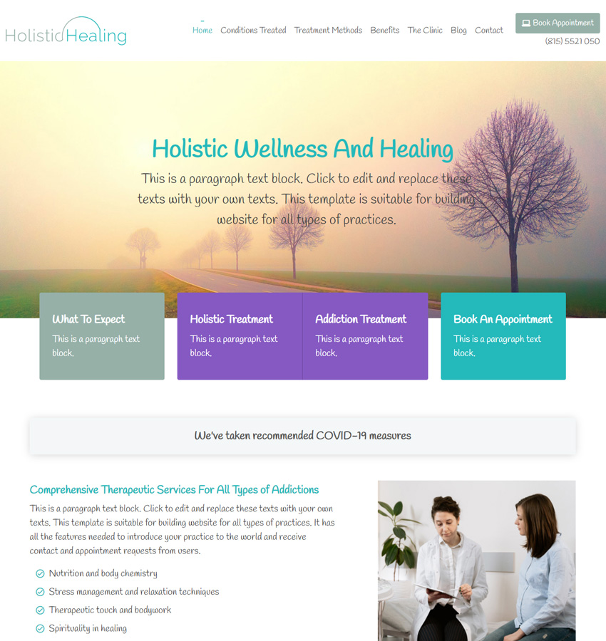 Holistic healing website template. Health and wellness website template for natural remedies and cures