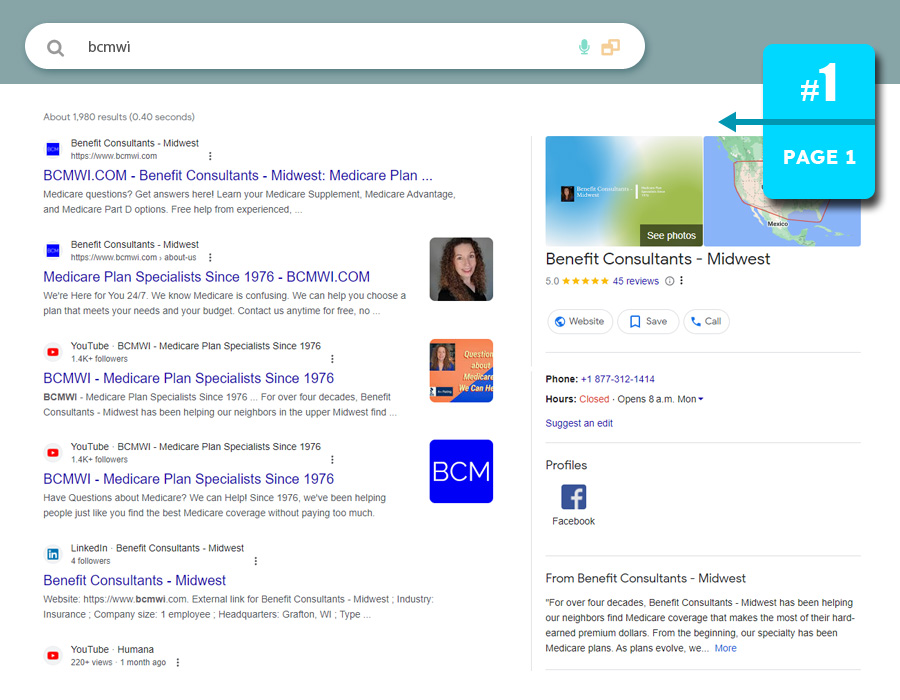 medical website SEO ranked number 1 on page 1 of search results